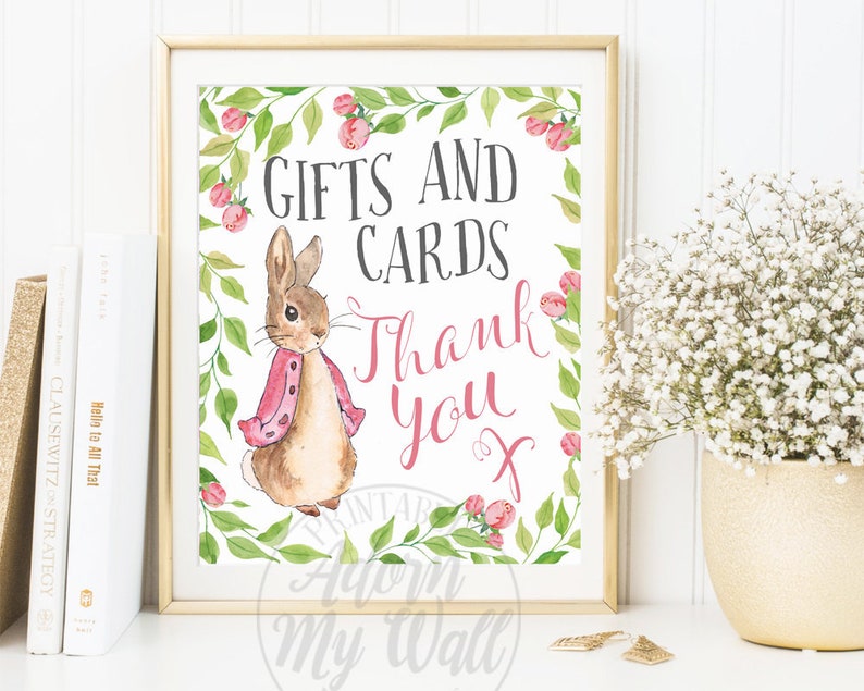 Poster Printable Print Baby Shower Sign Gifts and Cards Sign Pink Peter Rabbit Baby Shower Rabbit Baby Shower Cards and Gifts Sign