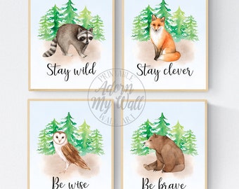 Forest Animal Prints, Boys Nursery Wall Art, Nursery Animal Prints, Animal Printables, Set Of 4 Prints, Woodland Animals, Fox, Bear, Owl