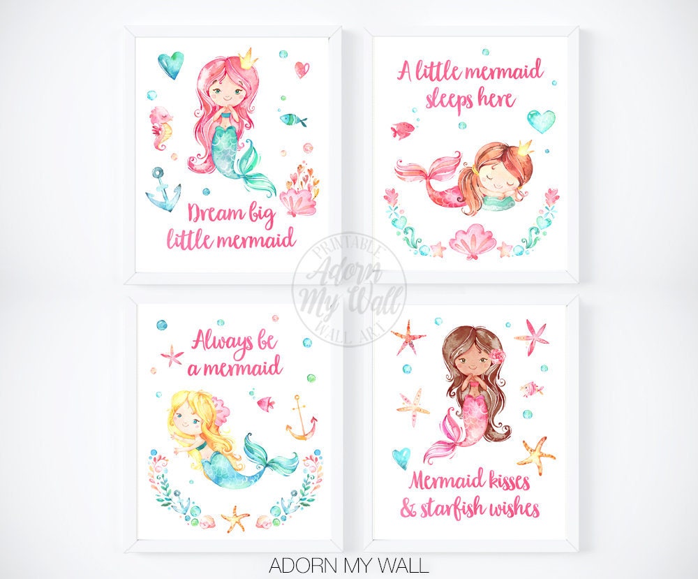 Mermaid Prints Girls Nursery Prints Printable Set of 4 | Etsy