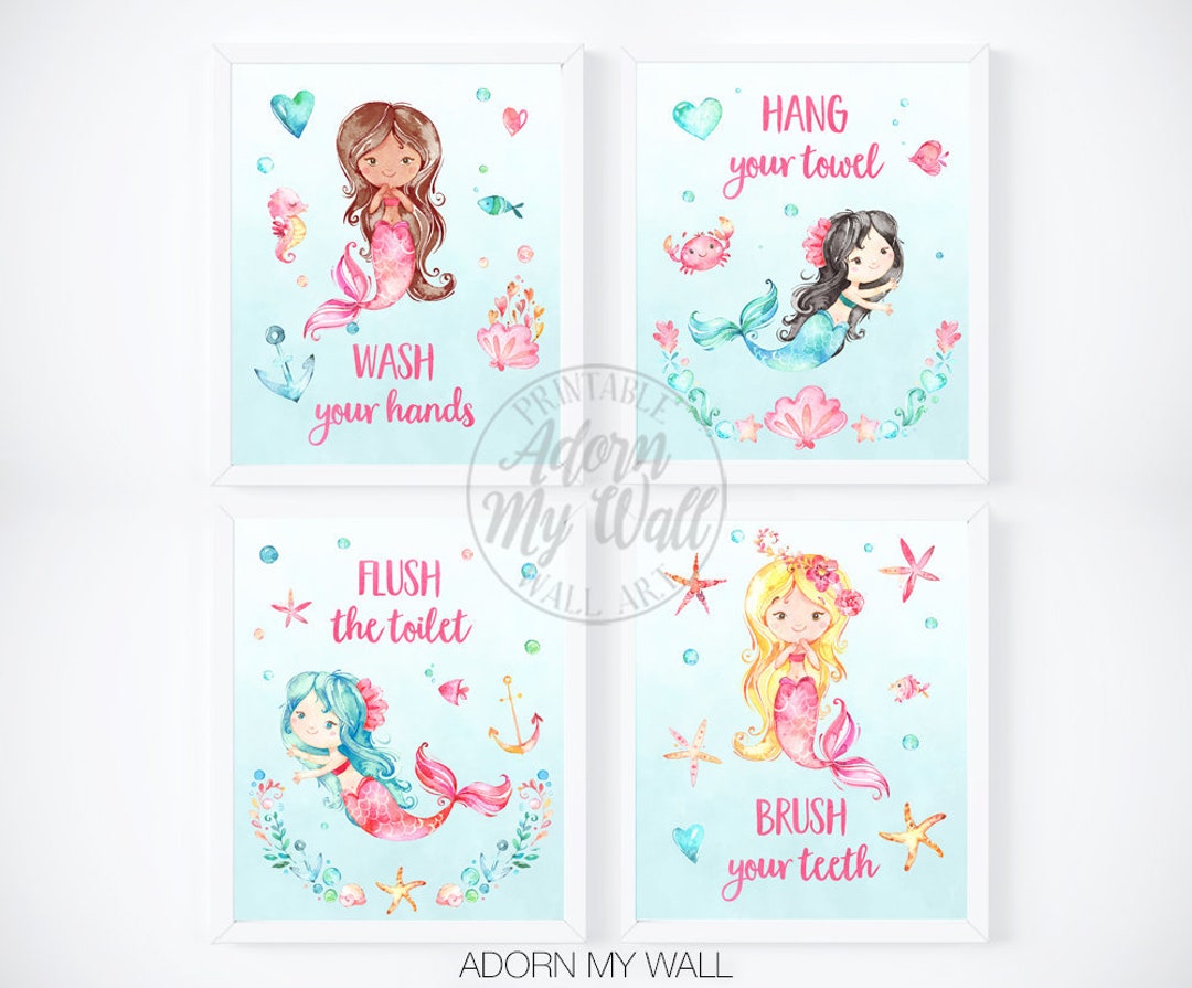 Mermaid Bathroom Art, Kids Bathroom Prints, Kids Bathroom Wall Art ...