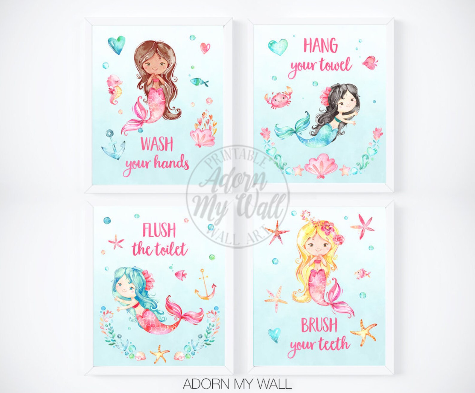 Mermaid Bathroom Art Kids Bathroom Prints Kids Bathroom Wall Etsy