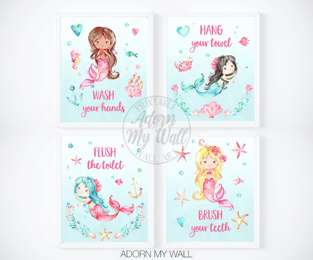 Mermaid Bathroom Art Kids Bathroom Prints Kids Bathroom Wall - Etsy