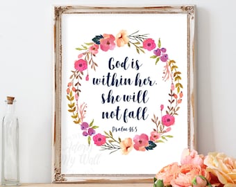 God Is Within Her She Will Not Fall, Psalm 46:5, Bible Verse Quotes, Scripture Art, Girl Nursery Wall Art Decor, Instant Download, Printable