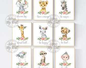 Safari Animal Prints, Nursery Printables, Set Of 9, Animals With Floral Crowns Art Prints, Girls Nursery Wall Art, Safari Nursery Prints,