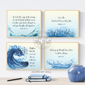 Christian Wall Art Set, Ocean Prints, Nautical Wall Decor, Scripture Printables, Set Of 4, Psalm 93:4, Matthew 8 27, Psalm 139, Isaiah 43 2 image 1