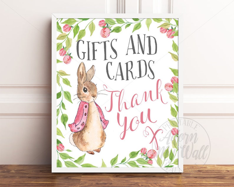 Poster Printable Print Baby Shower Sign Gifts and Cards Sign Pink Peter Rabbit Baby Shower Rabbit Baby Shower Cards and Gifts Sign