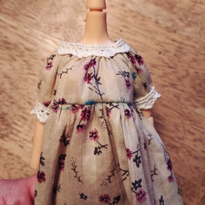 Puede incluir: Un vestido beige con estampado floral y un ribete de encaje blanco alrededor del cuello y las mangas. El vestido tiene una cintura fruncida y una falda suelta y fluida.