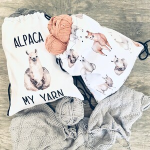 Alpaca my yarn project bag drawstring for knitting or crochet