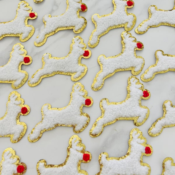 Christmas - White & Gold Reindeer Rudolph Chenille Iron-on Patch