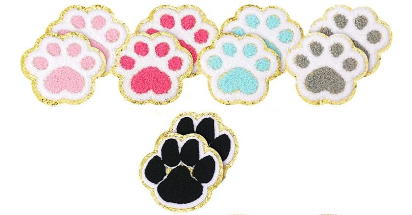 Two-Color Chenille Iron-on Paw Print Patches in Multiple Color Options