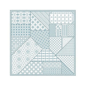 Puede incluir: Un diseño cuadrado con una variedad de formas geométricas y patrones en tonos azules y blancos.