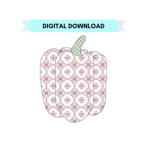 May include: A digital download of a printable bell pepper with a red and white geometric pattern. The bell pepper is outlined in black and has a green stem.