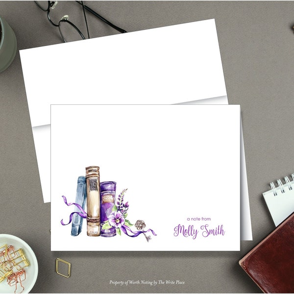 Purple Book Lover Note Cards, Personalized Note Cards, Set of 8, Folded Notes, Personalized Stationery, Personalized Stationary