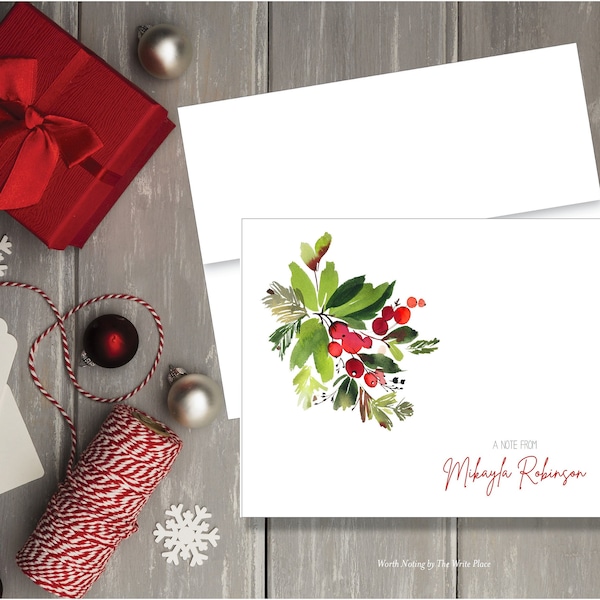 Christmas Note Cards - Holiday Personalized Notes - Winter Greens and Berries - Set of 8 - Folded Notes - Stationery - Stationary