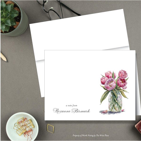 Peony Note Cards, Personalized Stationery, Peonies in Mason Jar, Peony Stationary, Set of 8 Folded Notes, Peony Stationery, Pink Peonies