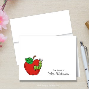 Teacher Stationery, Apple with Worm Note Cards, Back to School, Teacher Note Cards, Teacher Stationary, Set of 8, Folded Notes
