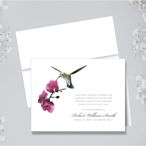 Sympathy Note Cards, Funeral Thank You Notes, Hummingbird with Orchid, Set of 8, Folded Notes, Funeral Stationery, Sympathy Acknowledgement