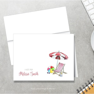 Personalized Note Cards - Summer Beach Chair and Umbrella - Set of 8 - Folded Notes - Stationery - Stationary