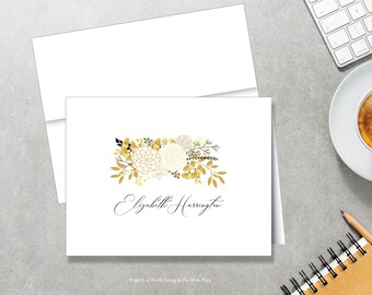 Personalized Note Cards - Golden Floral Bouquet - Set of 8 - Notes - Folded - Stationery