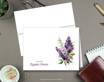 Lilac Note Cards, Personalized Stationery, Lilac Stationary, Set of 8 Folded Notes, Purple Lilacs Note Cards, Lilacs Watercolor Stationery