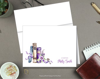 Purple Book Lover Note Cards, Personalized Note Cards, Set of 8, Folded Notes, Personalized Stationery, Personalized Stationary
