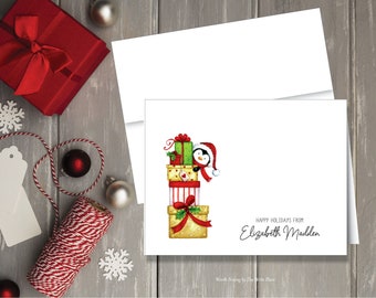 Christmas Note Cards - Holiday Personalized Notes - Penguin with Presents - Set of 8 - Folded Notes - Stationery - Stationary