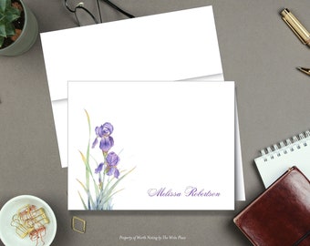 Iris Note Cards, Personalized Stationery, Iris Stationary, Set of 8 Folded Notes, Purple Iris Note Cards, Iris Watercolor Stationery