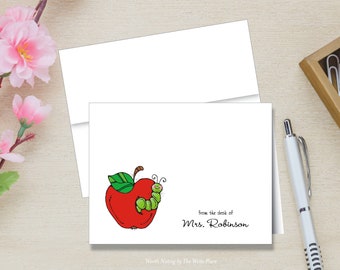 Teacher Stationery, Apple with Worm Note Cards, Back to School, Teacher Note Cards, Teacher Stationary, Set of 8, Folded Notes