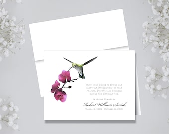 Sympathy Note Cards, Funeral Thank You Notes, Hummingbird with Orchid, Set of 8, Folded Notes, Funeral Stationery, Sympathy Acknowledgement