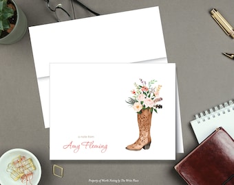 Personalized Note Cards - Floral Cowboy Boot - Set of 8 - Notes - Folded - Stationery