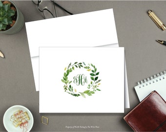 Monogram Wreath Note Cards, Personalized Stationary, Botanical Wreath Stationery, Greenery Stationery, Set of 8 Folded Notes, Rustic Wreath
