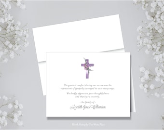 Personalized Note Cards - Sympathy Funeral Thank You Lavender Cross - Set of 8 - Notes - Folded - Stationery