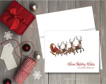Christmas Note Cards - Holiday Personalized Notes - Santa and Sleigh - Set of 8 - Folded Notes - Stationery - Stationary