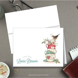 Personalized Note Cards - Thankful Heart Teacups - Set of 8 - Notes - Folded - Stationery