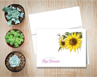 Personalized Note Cards - Sunflower Bouquet - Set of 8 - Notes - Folded - Stationery