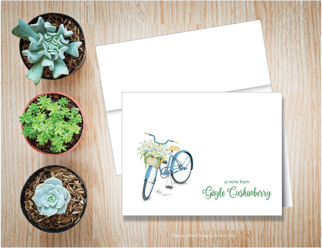 Personalized Note Cards - Bicycle With Flowers - Set of 8 - Notes ...