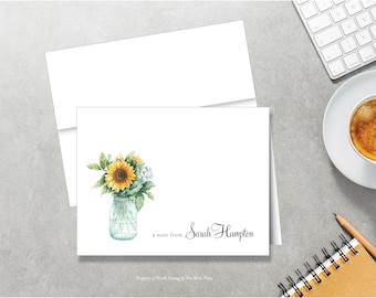 Personalized Note Cards - Sunflowers in Vase - Set of 8 - Notes - Folded - Stationery