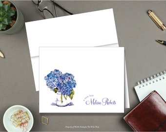 Personalized Note Cards, Gift Idea, Watercolor Blue Hydrangeas in Vase, Set of 8 Folded Notes, Stationery