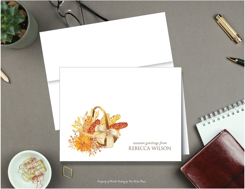 Fall Harvest Basket Note Cards Autumn Note Cards Personalized Stationery Set of 8 Folded Notes Stationary image 1