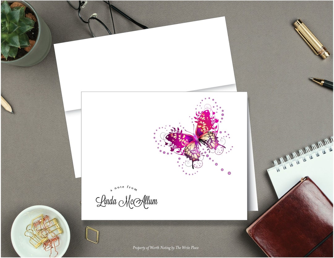 Personalized Note Cards - Pink Butterfly - Set of 8 - Notes - Folded ...