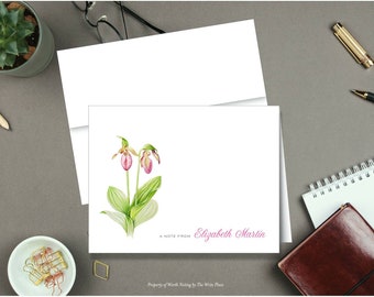 Personalized Note Cards - Flower Lady Slipper - Set of 8 - Notes - Folded - Stationery - Stationary