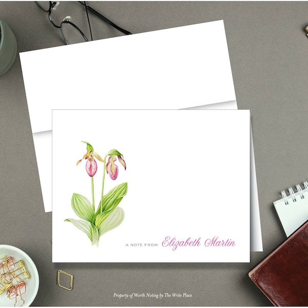 Personalized Note Cards - Flower Lady Slipper - Set of 8 - Notes - Folded - Stationery - Stationary