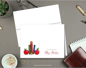 Personalized Note Cards - Teacher Notes - Apples and Books - Set of 8 - Notes - Folded - Stationery