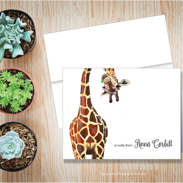 Giraffe Personalized Folded Note Cards - Set of 8 - Note Card - Stationery