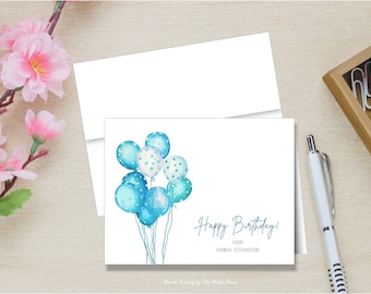 Blue Birthday Balloons Note Cards, Birthday Card, Birthday Stationery, Set of 8, Personalized Note Cards, Folded Notes, Stationary