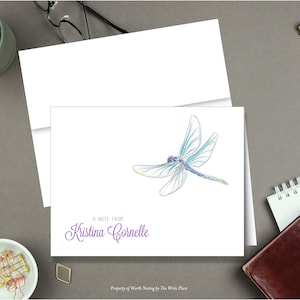 Personalized Note Cards - Watercolor Dragonfly - Set of 8 - Notes - Folded - Stationery