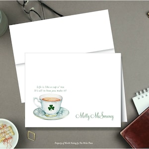 Personalized Note Cards - Irish Shamrock Tea Cup - Set of 8 - Notes - Stationery - Stationary - St. Patrick&#39;s Day