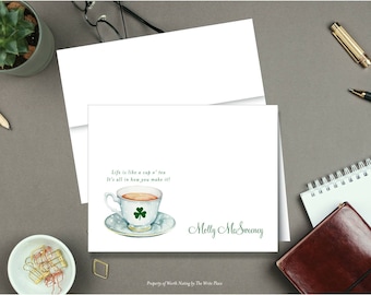 Personalized Note Cards - Irish Shamrock Tea Cup - Set of 8 - Notes - Stationery - Stationary - St. Patrick's Day