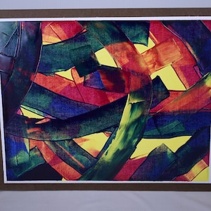 May include: Abstract painting with bold strokes of red, orange, yellow, green, blue, and black paint on a yellow background.