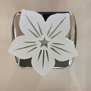 Può includere: Un porta rotolo di carta igienica in plastica bianca a forma di fiore con una stella al centro. Il porta rotolo è fissato a una base in metallo argentato.